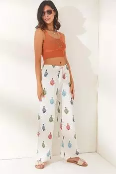 Женские брюки-палаццо зеленого цвета в этническом стиле с узором из льна Olalook, зеленый