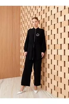 Женские брюки с эластичным поясом и прямыми карманами LC Waikiki, черный