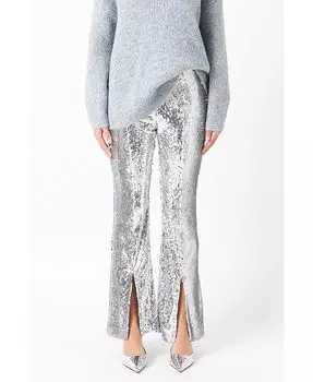Женские брюки с разрезом спереди и пайетками endless rose, серебро