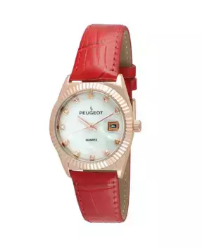 Женские часы 36 мм с красным рифленым безелем и кожаным ремешком - циферблат из перламутра Peugeot