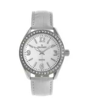 Женские часы белые 40 мм Bold Crystal Bezel с кожаным ремешком Peugeot