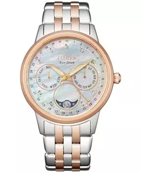 Женские часы Eco-Drive Calendrier с бриллиантовым акцентом, двухцветный браслет из нержавеющей стали, 37 мм Citizen