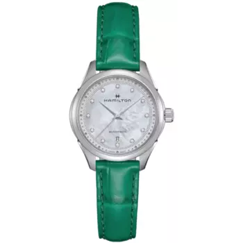 Женские часы Hamilton Jazzmaster Lady Auto с перламутровым бриллиантовым циферблатом и зеленым кожаным ремешком H32275890