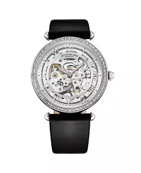 Женские часы Legacy, черная кожа, серебристый циферблат, круглые часы 45 мм Stuhrling, черный