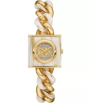 Женские часы Michael Kors с цепочкой с логотипом и замком на три руки из алебастра и золотого браслета из нержавеющей стали, золотой