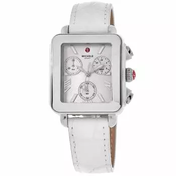 Женские часы Michele Deco Sport Quartz Chronograph с перламутровым циферблатом и белым кожаным ремешком