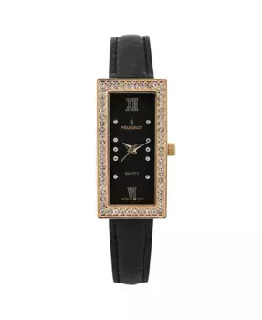 Женские часы с кристаллами на корпусе 35x20 мм и глянцевым черным кожаным ремешком Peugeot, черный