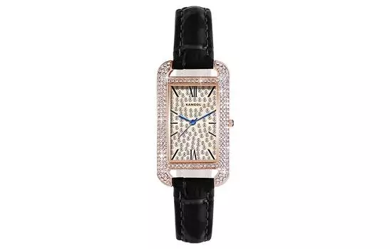 Женские часы с кварцевым механизмом, ремешком из натуральной кожи, золотым циферблатом KANGOL, Black Strap Fully Diamond Goddess Style