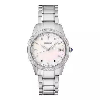 Женские часы Seiko из нержавеющей стали с кварцевыми бриллиантами и перламутровым циферблатом — SKK727, цвет Mother Of Pearl