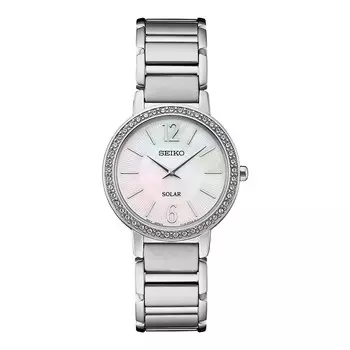 Женские часы Seiko с кристаллами из нержавеющей стали и солнечной батареей с перламутровым циферблатом — SUP467, цвет Silver