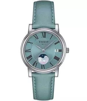 Женские часы Tissot Carson Premium Lady Moonphase кварцевые с аналоговым голубым кожаным ремешком, синий