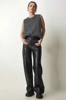 Женские черные брюки из искусственной кожи с карманами премиум-класса Happiness stanbul, черный