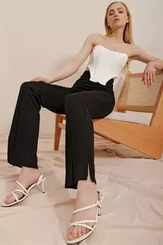 Женские черные брюки из лайкры с высокой талией и разрезом спереди Trend Alaat Stili, черный