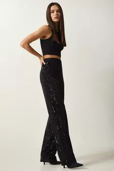 Женские черные брюки-палаццо с пайетками Happiness stanbul, черный
