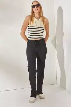 Женские черные брюки палаццо в рубчик с эластичным поясом Olalook, черный