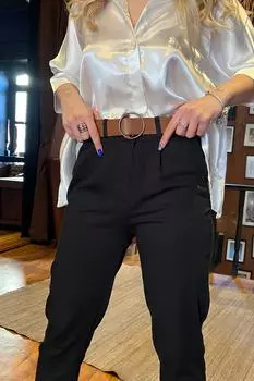 Женские черные брюки с эластичной резинкой на талии и пуговицами спереди, с высокой талией и поясом Trend Alaat Stili, черный