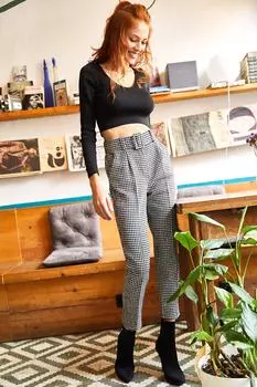 Женские черные брюки с узором «гусиные лапки» с поясом и прострочкой Olalook, серый