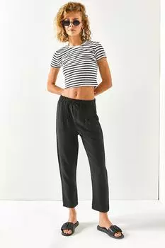 Женские черные льняные брюки с эластичной резинкой на талии и 4 карманами Olalook, черный