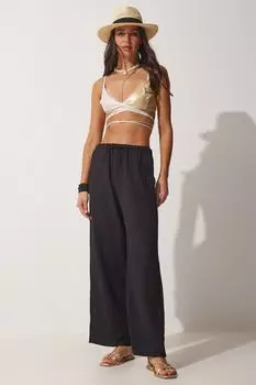 Женские черные летние брюки с широкими карманами, расшитые бисером Happiness stanbul, черный