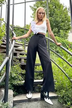 Женские черные плиссированные брюки-палаццо с высокой талией и двойными карманами Trend Alaat Stili, черный