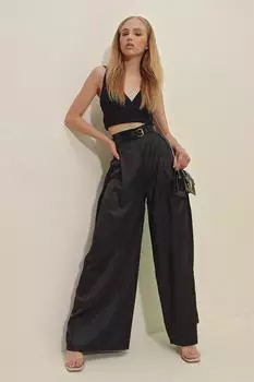 Женские черные плиссированные широкие брюки из атласной ткани с высокой талией Trend Alaat Stili, черный