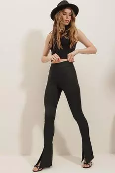 Женские черные расклешенные брюки с высокой талией, прошитыми спереди, и брюками для подводного плавания с перекрестными разрезами Trend Alaat Stili, черный