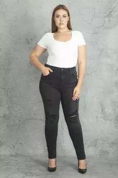 Женские черные рваные джинсы большого размера с 5 карманами 65n19983 ans, черный