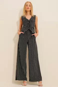 Женские черные серебряные брюки-палаццо в полоску с двумя карманами ALC-X11224 Trend Alaat Stili, черный