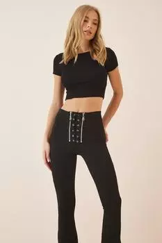 Женские черные широкие стальные трикотажные брюки на молнии спереди с широкими штанинами Happiness stanbul, черный