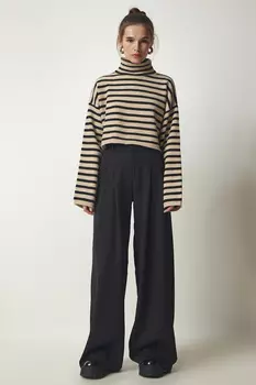 Женские черные тканые брюки палаццо со складками Happiness stanbul, черный