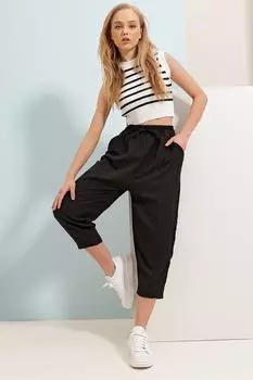 Женские черные тканые брюки с высокой талией и двойными карманами спереди Trend Alaat Stili, черный