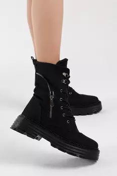 Женские черные замшевые удобные ботинки на шнуровке на полиподошве с подробной молнией TONNY BLACK