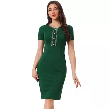 Женские деловые платья-футляры с твидовой отделкой и круглым вырезом и короткими рукавами ALLEGRA K, зеленый
