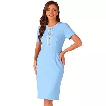 Женские деловые платья-футляры с твидовой отделкой и круглым вырезом и короткими рукавами ALLEGRA K, цвет Sky Blue