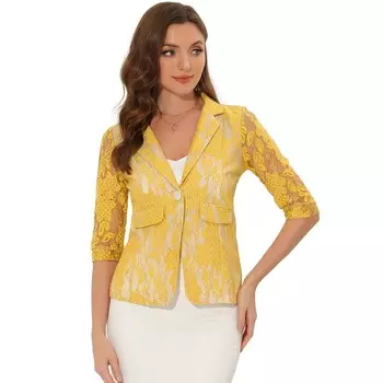 Женские деловые повседневные блейзеры с цветочным кружевом и рукавами 3/4 на одной пуговице Элегантные костюмы-блейзеры ALLEGRA K, желтый
