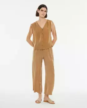 Женские длинные расклешенные брюки купро и фантазийные резиновые брюки System Action, бежевый