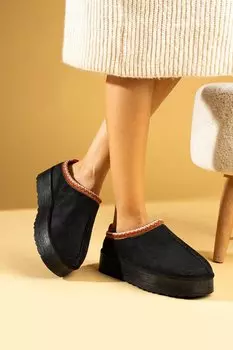 Женские домашние тапочки на толстой подошве и меху внутри 007-2000-23Уг Pembe Potin, черный