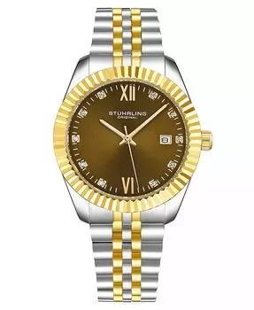 Женские двухцветные часы Symphony из нержавеющей стали, золотистый циферблат, круглые часы 45 мм Stuhrling, серебро