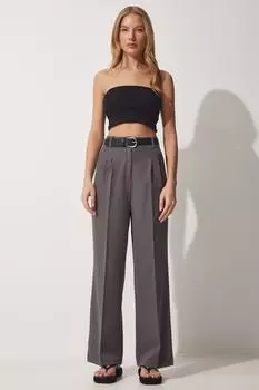 Женские дымчатые широкие мужские тканые брюки Happiness stanbul, серый