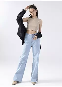 Женские джинсовые брюки свободного покроя цвета индиго с высокой талией и разрезом по бокам Fabrika