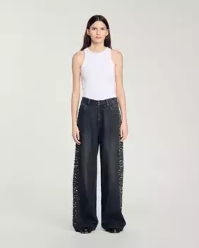Женские джинсы бойфренды широкого кроя со средней посадкой и стразами Sandro, черный