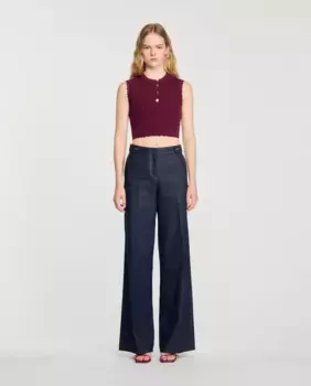 Женские джинсы прямого кроя со средней посадкой и широкими штанинами и контрастной строчкой Sandro, синий