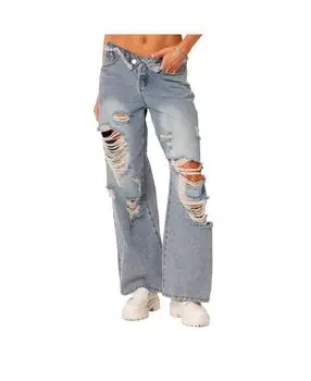 Женские джинсы с отложной талией, рядным краем и потертыми деталями Edikted