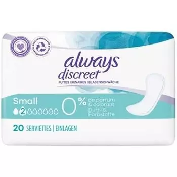 Женские ежедневные прокладки Always Discreet, страдающие недержанием, маленькие, 20 прокладок, без ароматизаторов и красителей