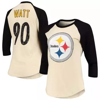 Женские фанатики под брендом T.J. Кремовая/черная футболка Watt Pittsburgh Steelers Player с именем и номером в стиле реглан, с рукавами 3/4
