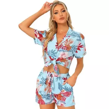 Женские гавайские рубашки и шорты, тропические летние комплекты на пуговицах ALLEGRA K, цвет Sky Blue
