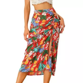 Женские гавайские юбки, пляжная тропическая юбка со сборками спереди и разрезом ALLEGRA K, красный