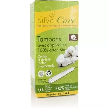Женские гигиенические тампоны Silvercare из 100% чистого органического хлопка, нормальные, с аппликатором — 16 шт. в упаковке