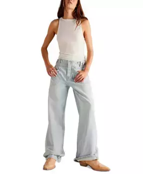 Женские хлопковые брюки-бойфренды Palmer с манжетами Free People, синий