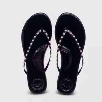 Женские инди-сандалии из черной лакированной кожи с белым жемчугом solei sea